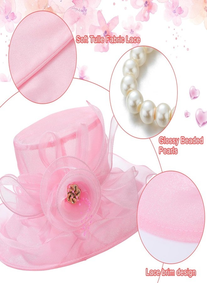 Aurelema 5 Pcs Derby Fascinator Hat Gloves Set for Women Tea Party with Pearl Necklace Bracelet and Earring(Pink,Satin) - Image 3